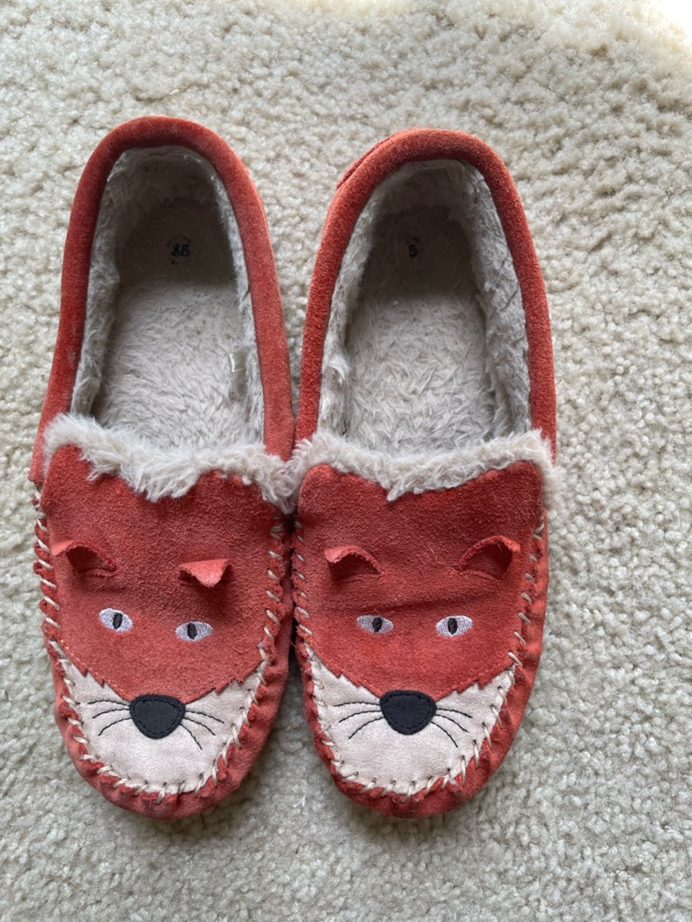Mini Boden Fox Slippers Girls Size 35 EU /US 3 Cozy Faux Fur Lined House Shoes